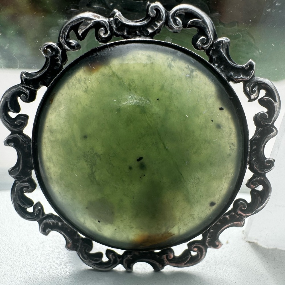 Vintage Nephrite Green Jade Brooch Silver 900 ORNATE Filigree Oval Pin 1930's